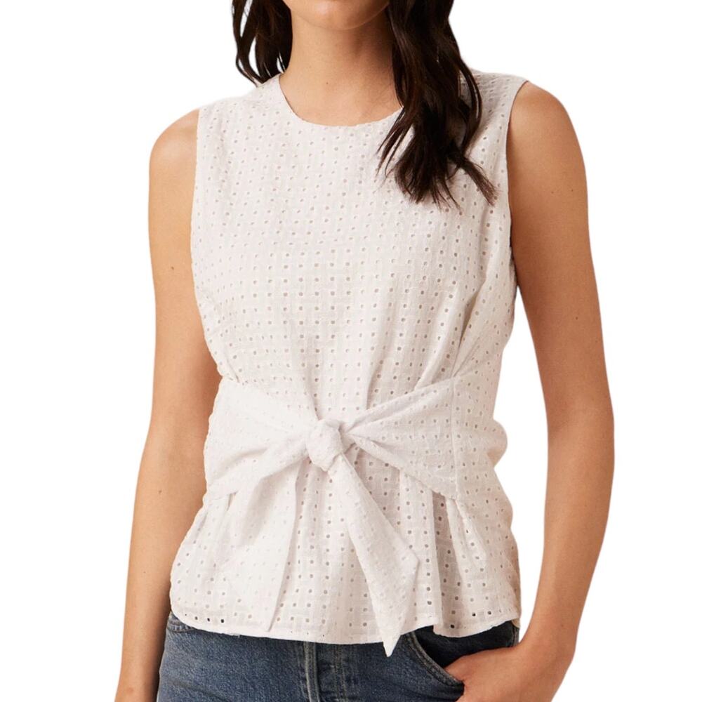 Amour Vert Ryan white upcycled eyelet tie sleeveless classic blouse SZ Small